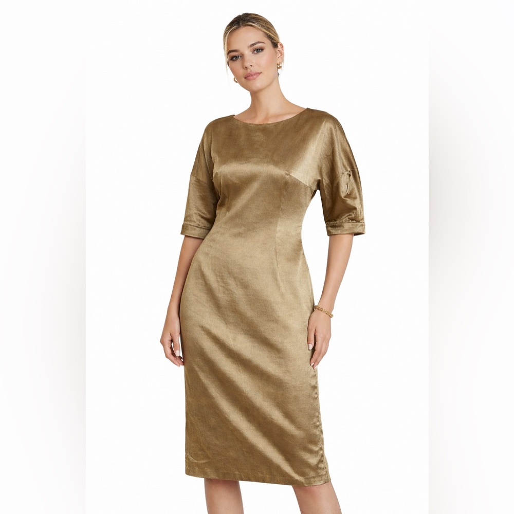 EO Unlimited Gold Metallic Sheath Dress Size 44 Medium Button Back Midi Cocktail